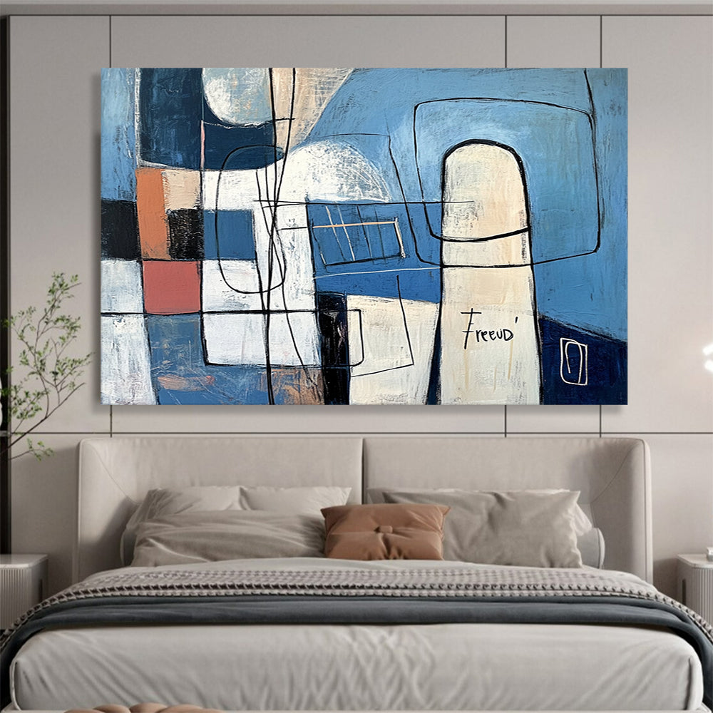 Blue with Geometric Shapes and Lines - “Structured Blues” Painting On Canvas HB1452