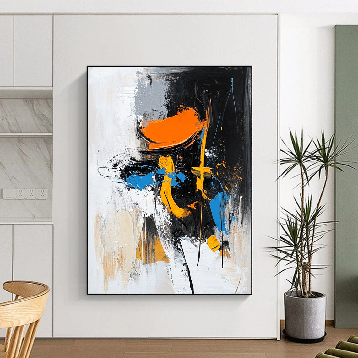 Contemporary abstract painting featuring a figure in motion with an orange hat and black boots set against dynamic brush strokes and vibrant colors. DLZ0868