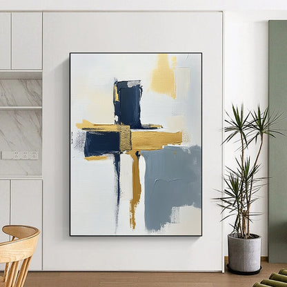 Contemporary hand-painted abstract art featuring a minimalist cross design on a textured canvas with gold highlights navy blue and gray accents. DLZ0592