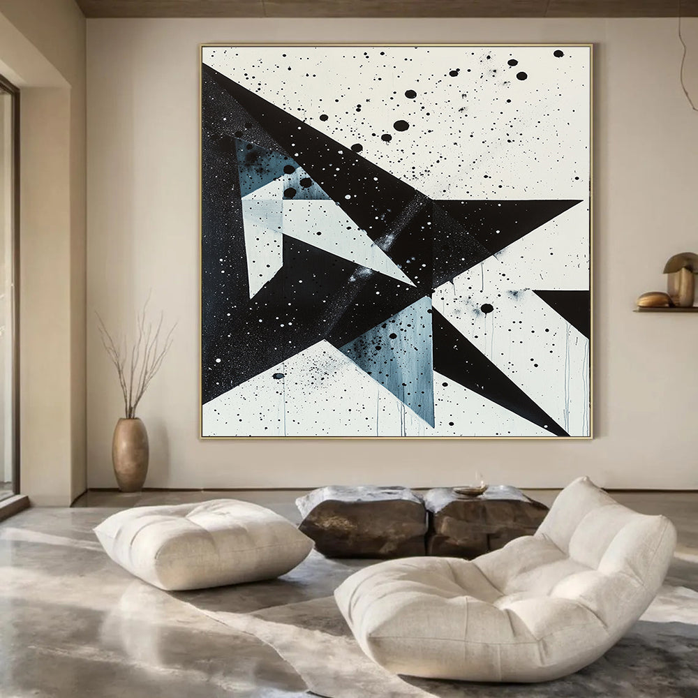 Black, White, Blue with Splattered Shapes "Dynamic Contrast" Abstract Painting On Canvas HB004