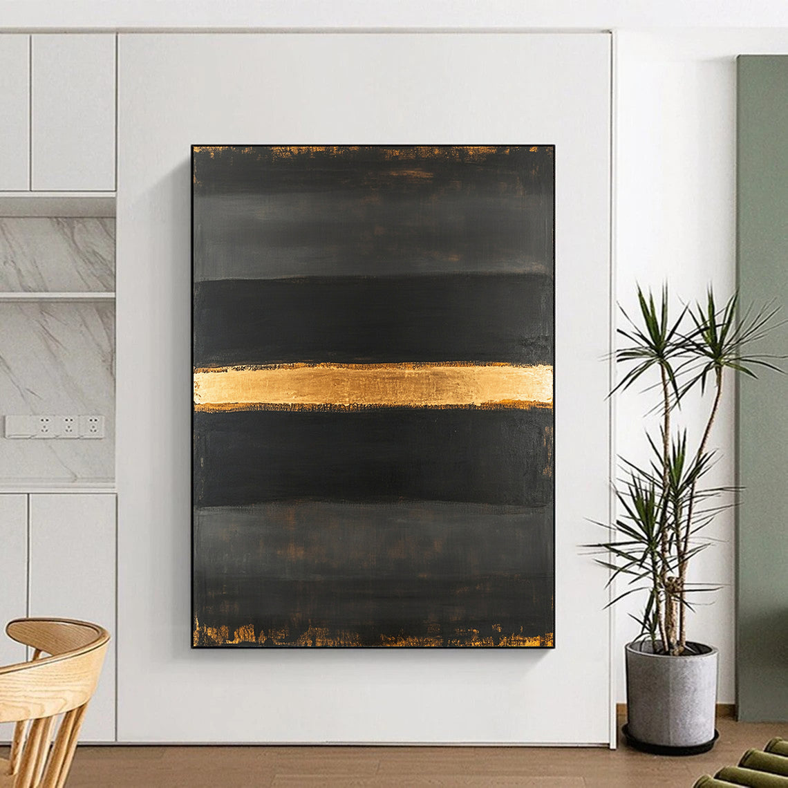 Black & Gold Horizontal Stripes - “Elegant Night Divide” Painting On Canvas HB192