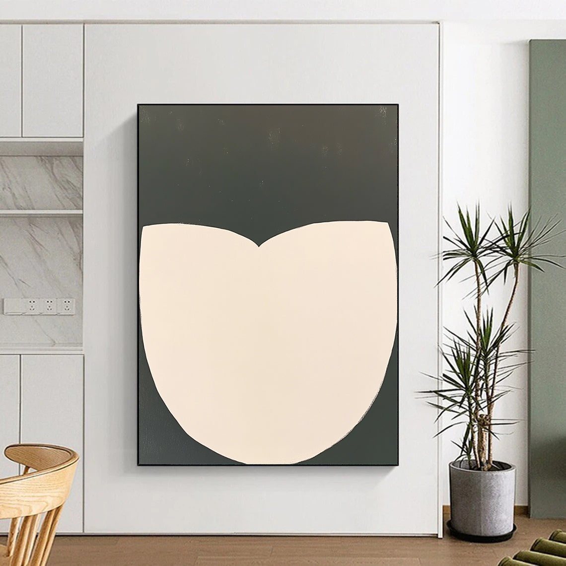 Contemporary abstract artwork featuring white half-circles on a dark gray background emphasizing simplicity and minimalism with clean lines. DLZ1428