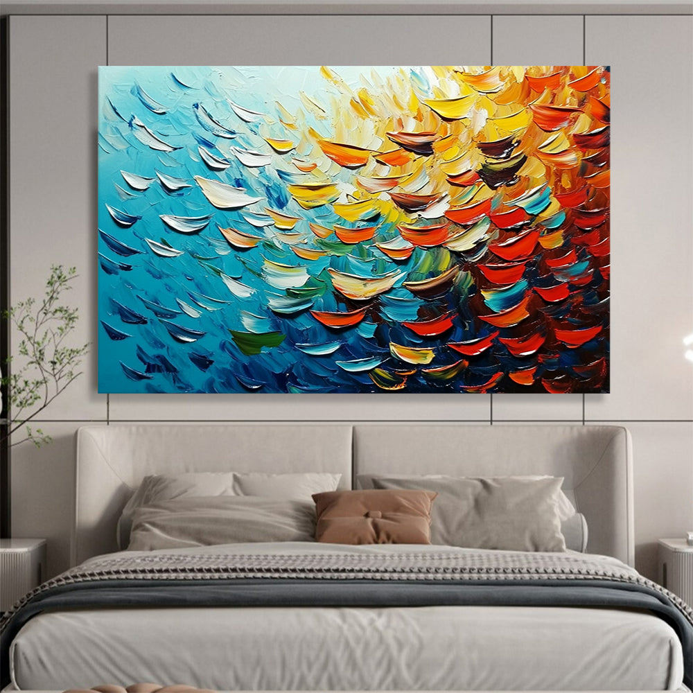 “Textured Ocean Petals” - Blue, yellow, orange, red; Petal - like thick strokes mimic ocean waves; Abstract Impasto Oil Painting On Canvas HB1168