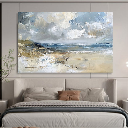 “Impasto Beachscape” - Gray, Blue, Beige, Textured Seaside Scene Painting On Canvas HB1032