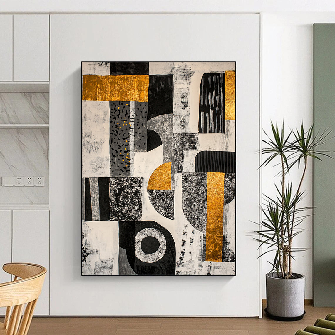 Black, White, Gray, Gold and Yellow Geometric Collage "Vibrant Mosaic" Painting On Canvas HB377