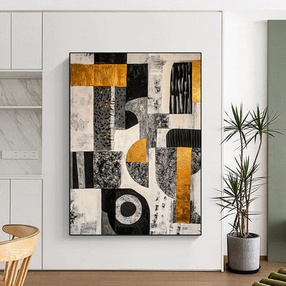 Black, White, Gray, Gold and Yellow Geometric Collage "Vibrant Mosaic" Painting On Canvas HB377