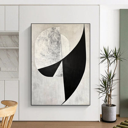 Contemporary abstract art features bold black and white shapes with diagonal cuts against a gray background and geometric figures adding depth. DLZ1400
