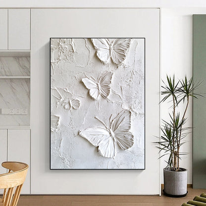 Contemporary abstract artwork featuring white butterflies on a textured plaster wall, enhanced high-definition texture detail for a striking visual impact. DLZ1739