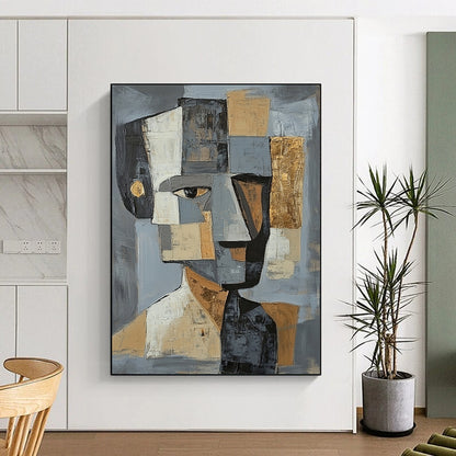 Gray, Black, White, Gold and Brown Cubist Portrait "Abstract Identity" Painting On Canvas HB356