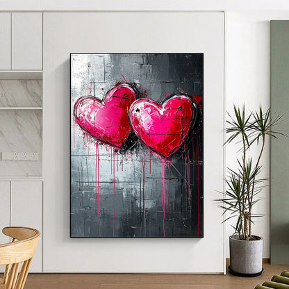 Bold contemporary abstract art featuring three pink and red hearts on a textured dark grey backdrop with dripping paint lines inspired by graffiti style. DLZ0263