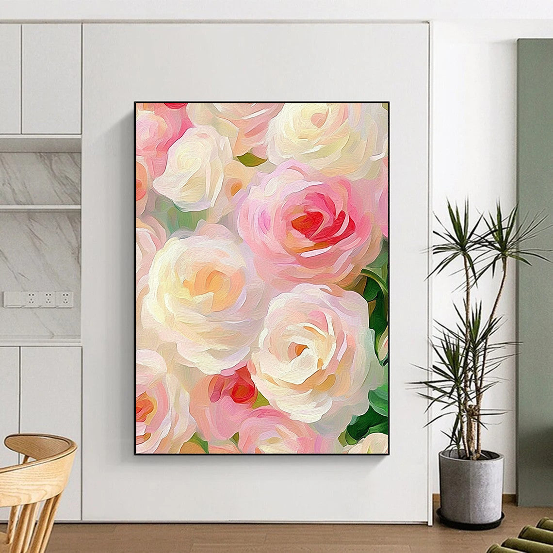 Contemporary hand-painted abstract artwork featuring soft pink and cream roses in an impressionist style, elegantly capturing romance against a muted pastel background. DLZ1203