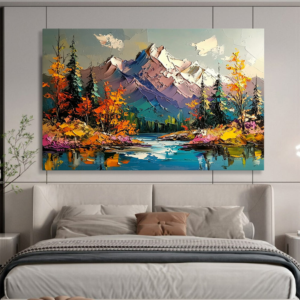 Colorful Mountain Landscape with Lake - Impasto Nature Scene Painting On Canvas HB0456