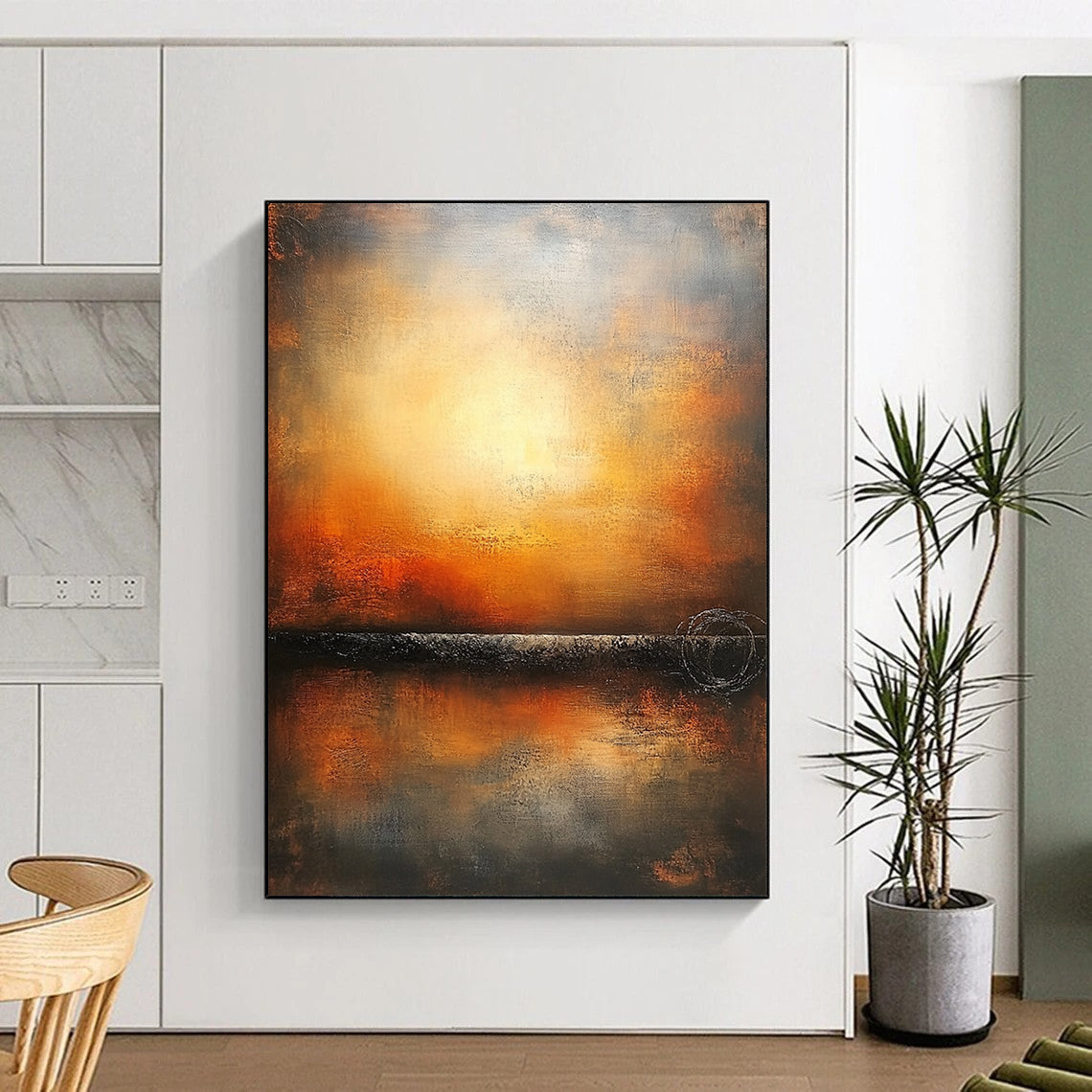 Contemporary hand-painted abstract art featuring an endless horizon in warm colors and muted tones on a textured canvas. DLZ0887