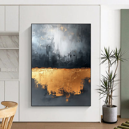 Large contemporary abstract painting in gray and gold tones with gold foil and strong textures for luxurious wall decor. DLZ0521