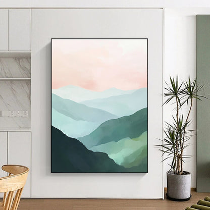 Contemporary abstract painting features green mountains and a soft pink sky creating a tranquil landscape with a harmonious color palette of mint green and pale blue. DLZ0394