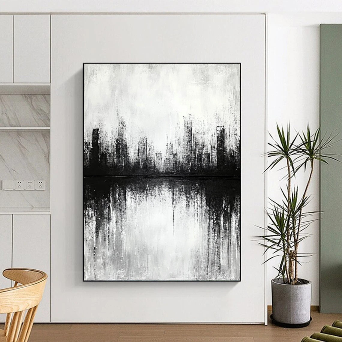 Contemporary abstract artwork featuring a cityscape with lake reflections soft focus and neutral tones creating a tranquil and contemplative atmosphere. DLZ0301
