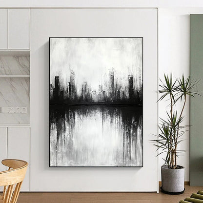 Contemporary abstract artwork featuring a cityscape with lake reflections soft focus and neutral tones creating a tranquil and contemplative atmosphere. DLZ0301