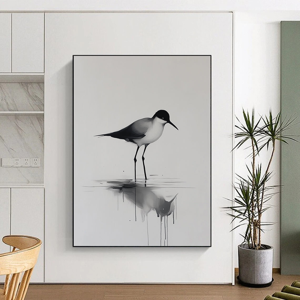 Contemporary hand-painted abstract art features a minimalist bird walking on water with reflections and ripples on a neutral background. DLZ1144