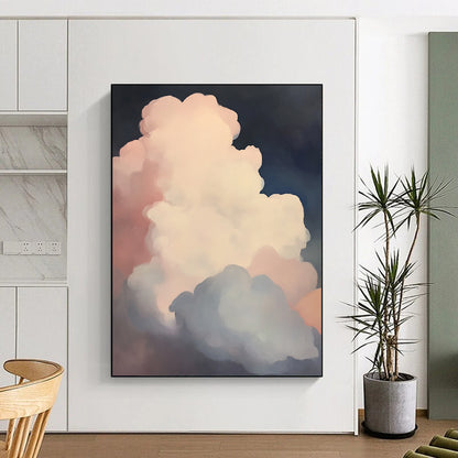 Contemporary hand-painted abstract art featuring puffy white clouds in soft pink and blue against a dark, low-contrast background. DLZ1092