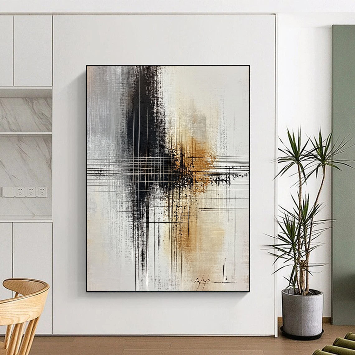 Large contemporary abstract painting featuring bold brushstrokes in black, white, and hints of gold with a central cross line drawing. DLZ0567
