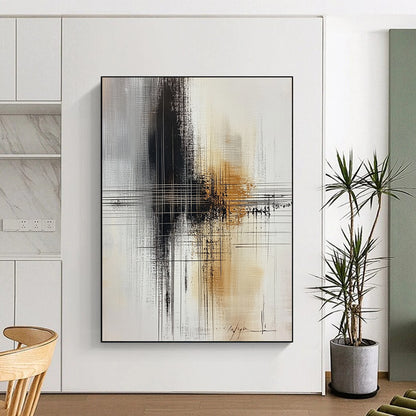 Large contemporary abstract painting featuring bold brushstrokes in black, white, and hints of gold with a central cross line drawing. DLZ0567