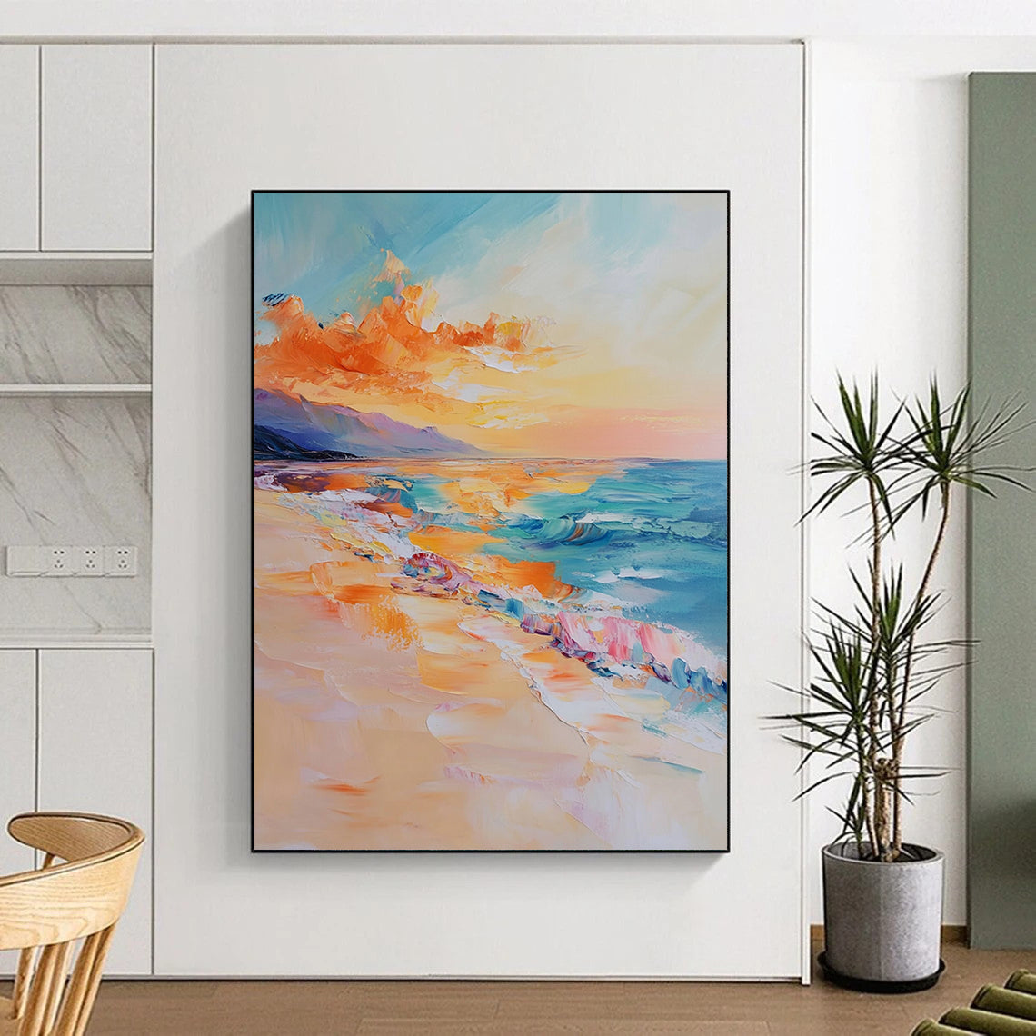Contemporary abstract oil painting of the sea featuring golden sunset light vibrant orange and blue tones and detailed brushstrokes conveying tranquility and calmness DLZ1120