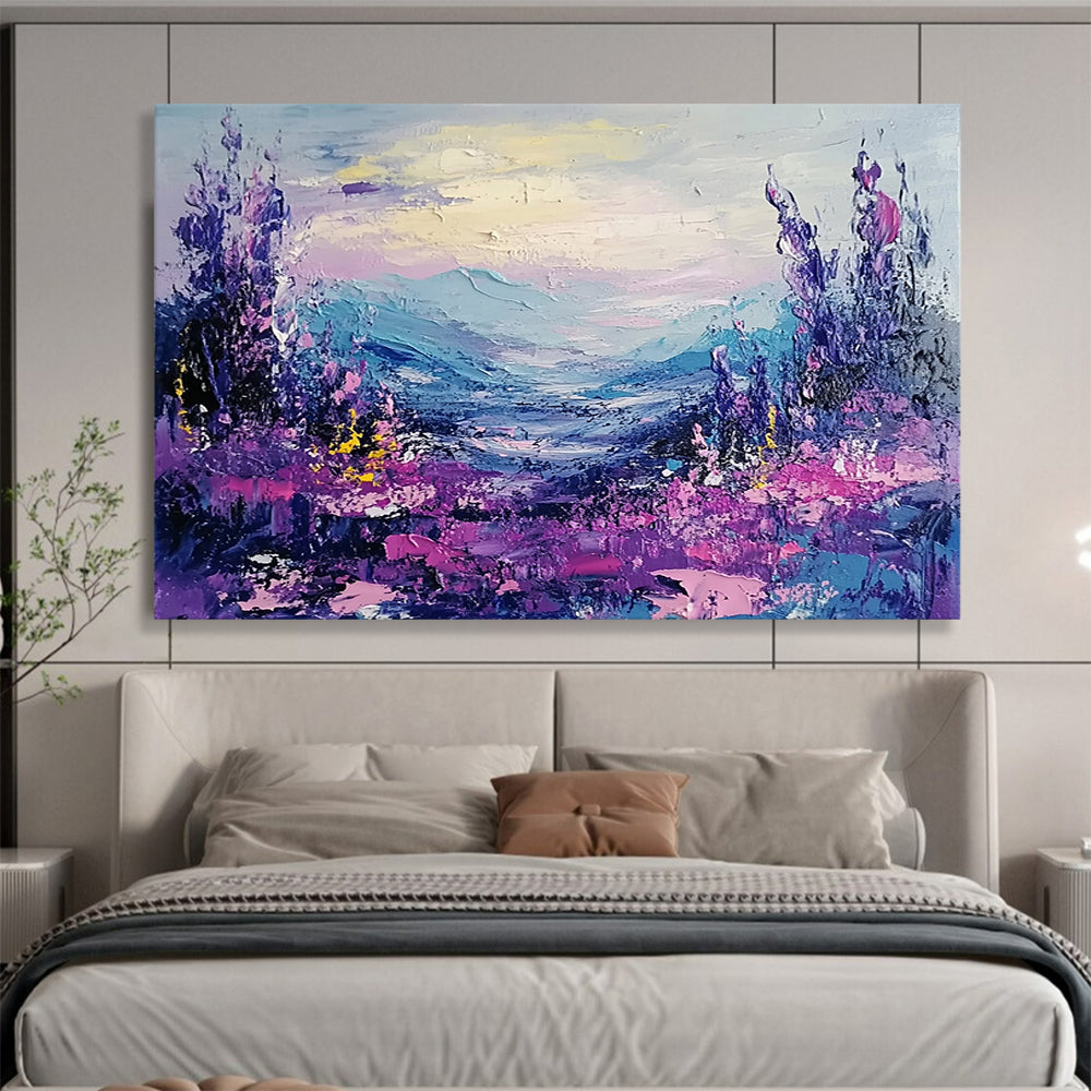 “Vibrant Purple Valley” - Lush Purples, Pinks, and Blues, Textured Mountain Valley with Floral Details Painting On Canvas HB0908