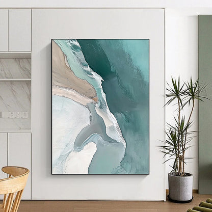 Contemporary abstract art captures an aerial view of Great Sumatra Beach in fluid pastel colors promoting tranquility and minimalist beauty. DLZ0844