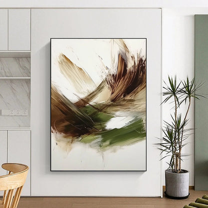 Contemporary hand-painted abstract art features a rich green, brown, and white palette with textured brush strokes and a dark beige backdrop. DLZ0447