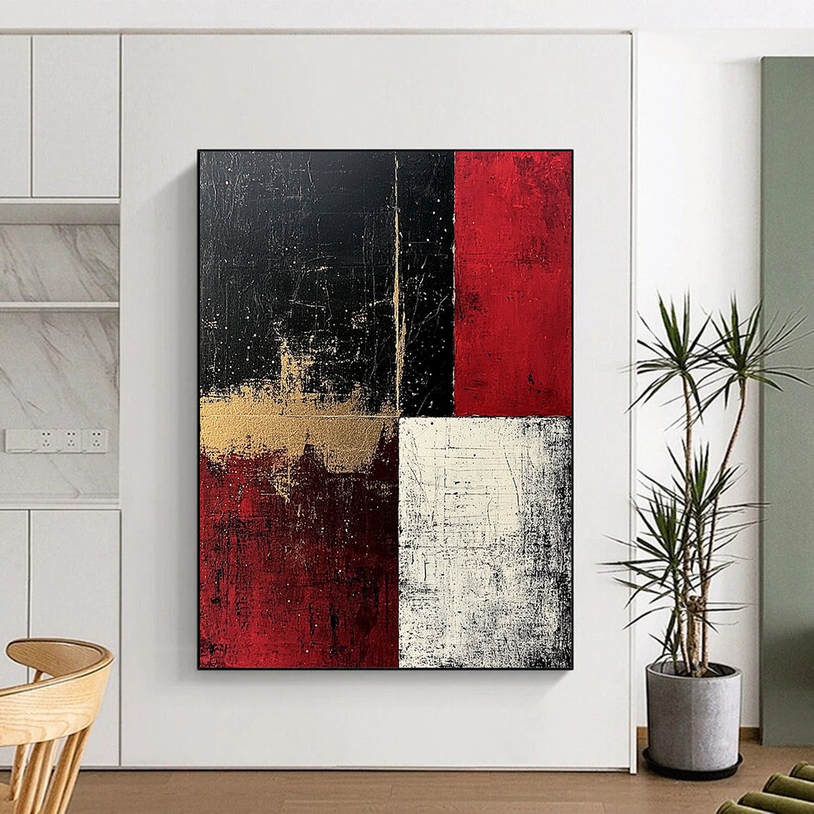 Black, Red, White, Gold, Geometric Blocks "Rustic Drama" Abstract Painting On Canvas HB039