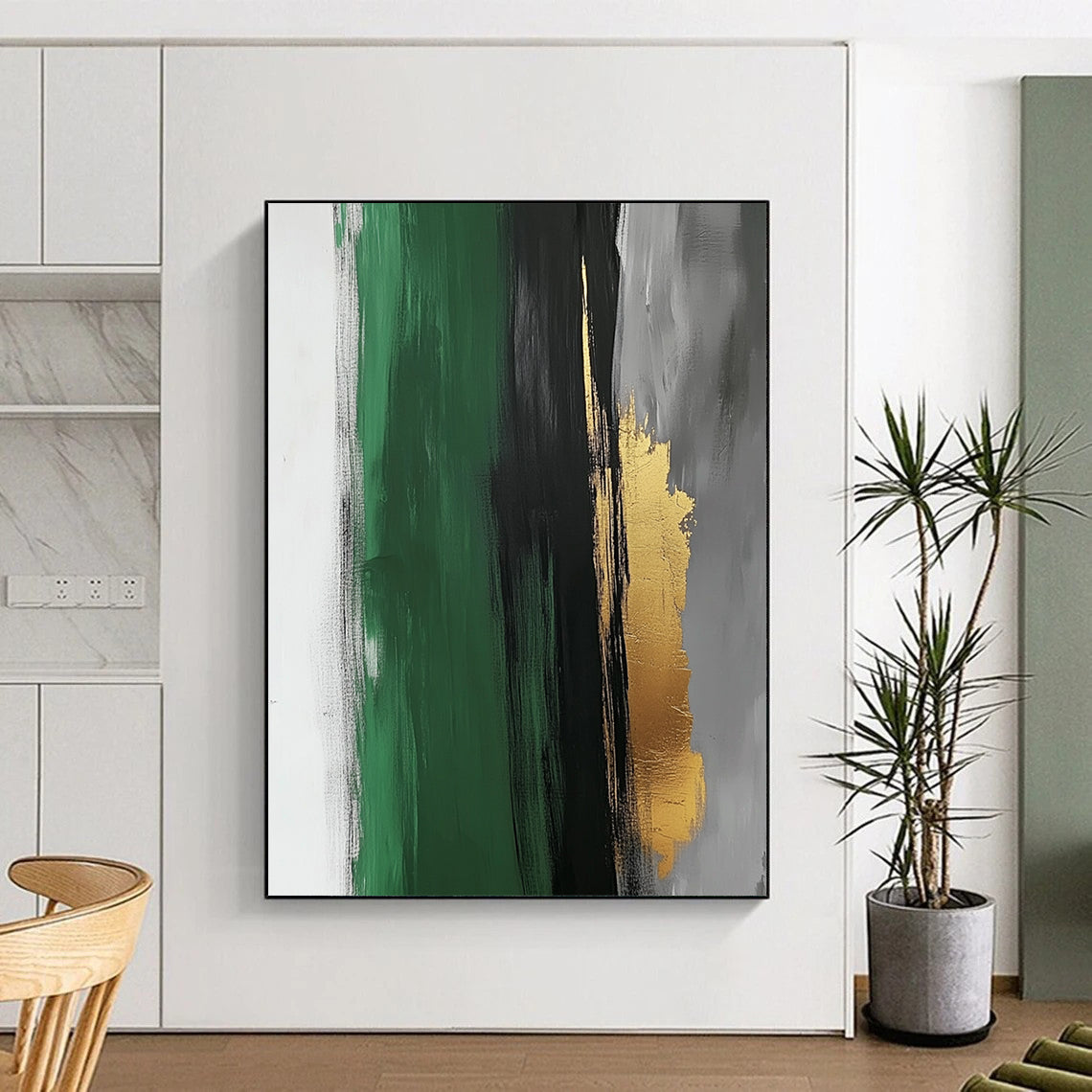 Contemporary abstract artwork featuring a striking dark grey brushstroke on white paper with subtle gold leaf accents and a minimalist design for elegant visual harmony. DLZ1330