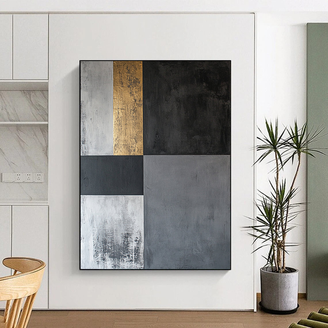 Black, Gray, White and Gold Geometric Squares "Elegant Geometry" Painting On Canvas HB352