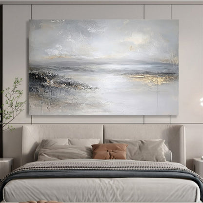 “Gray - Gold Abstract Waterscape” - Gray, Gold, Abstract Waterscape Painting On Canvas HB1111