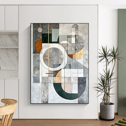 Gray, Yellow, White, Black and Beige Geometric Abstraction "Sunny Geometry" Painting On Canvas HB387