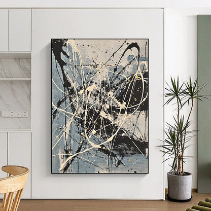 Gray, Black, White, Yellow, Splattered Cords "Dynamic Network" Abstract Expressionist Painting On Canvas HB066