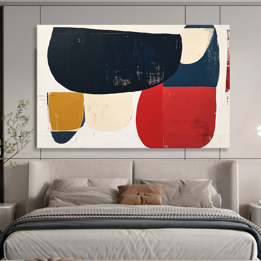 “Colorful Geometric Shapes” - Navy, red, beige, mustard, Modern Abstract Painting On Canvas HB0615
