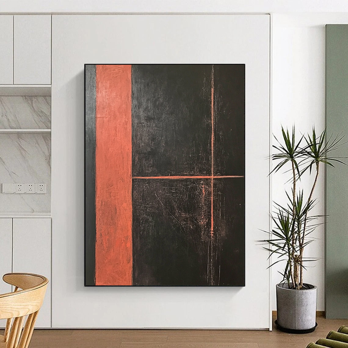 Large contemporary hand-painted abstract artwork featuring a dark orange rectangle with dynamic lines on a striking black background, showcasing bold textures and brush strokes. DLZ1282