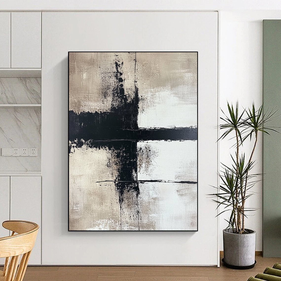 Large contemporary hand-painted abstract art featuring bold brushstrokes on a beige background with high contrast and a minimalist style creating strong visual impact. DLZ0507