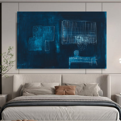 “Abstract White Shapes on Dark Blue” - Expressive Abstract Painting On Canvas HB0525