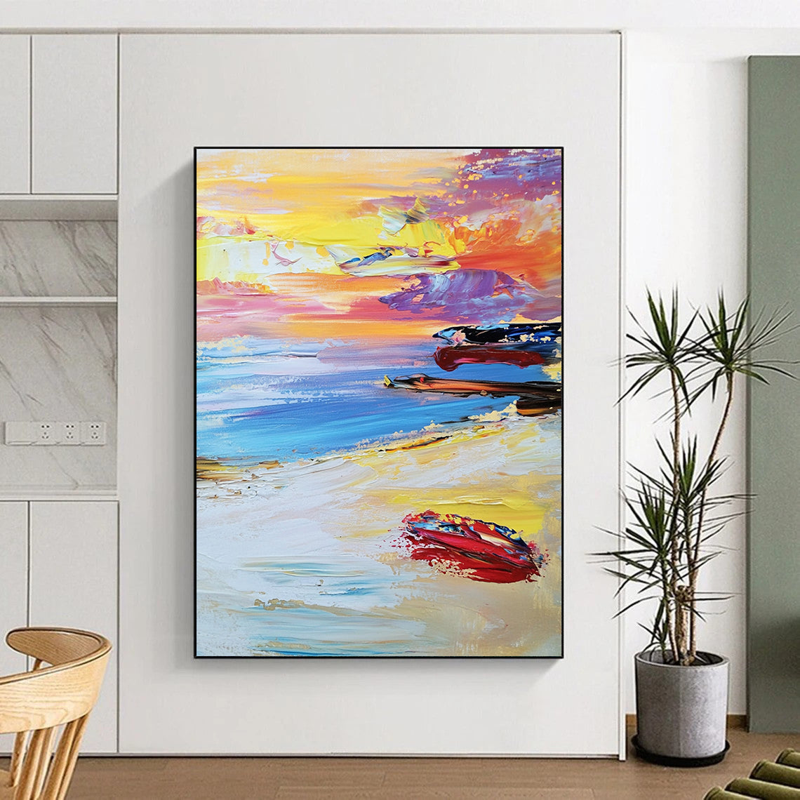 Contemporary abstract beach artwork features a vibrant sunset with colorful waves and boats under a dreamy pastel sky and soft white sand below. DLZ1504