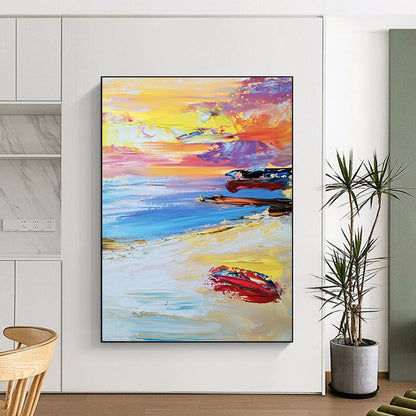 Contemporary abstract beach artwork features a vibrant sunset with colorful waves and boats under a dreamy pastel sky and soft white sand below. DLZ1504