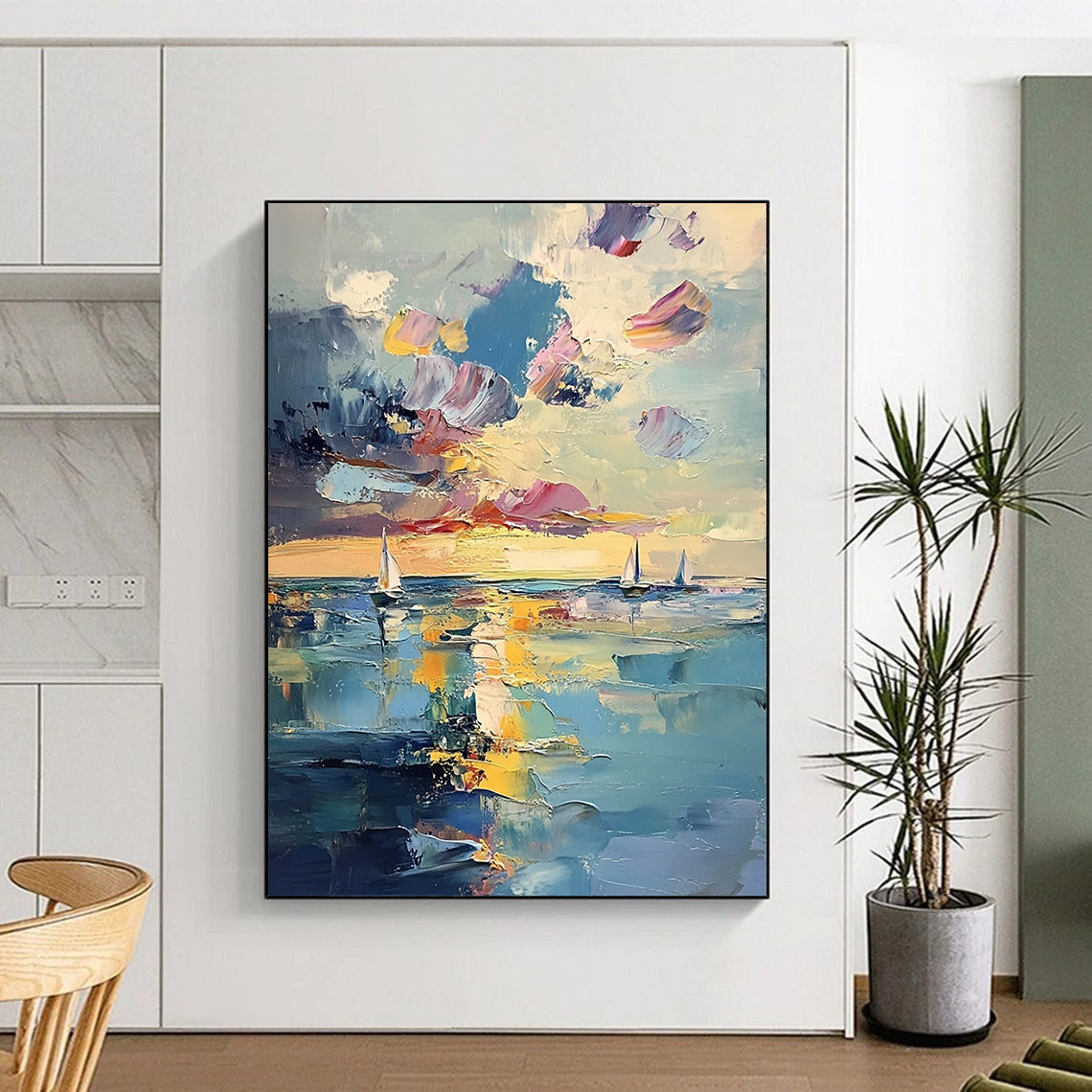 Contemporary abstract painting features a serene sea with distant sailboats and ethereal sunlight, showcasing vibrant pastel reflections and visible brushstrokes. DLZ1112