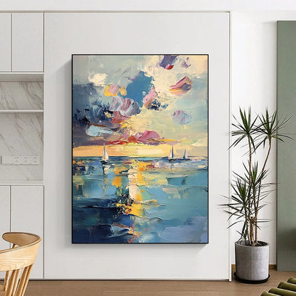 Contemporary abstract painting features a serene sea with distant sailboats and ethereal sunlight, showcasing vibrant pastel reflections and visible brushstrokes. DLZ1112