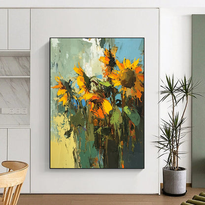 Vibrant contemporary abstract painting capturing sunflowers in a striking palette, showcasing bold brushstrokes and dynamic texture. DLZ0645