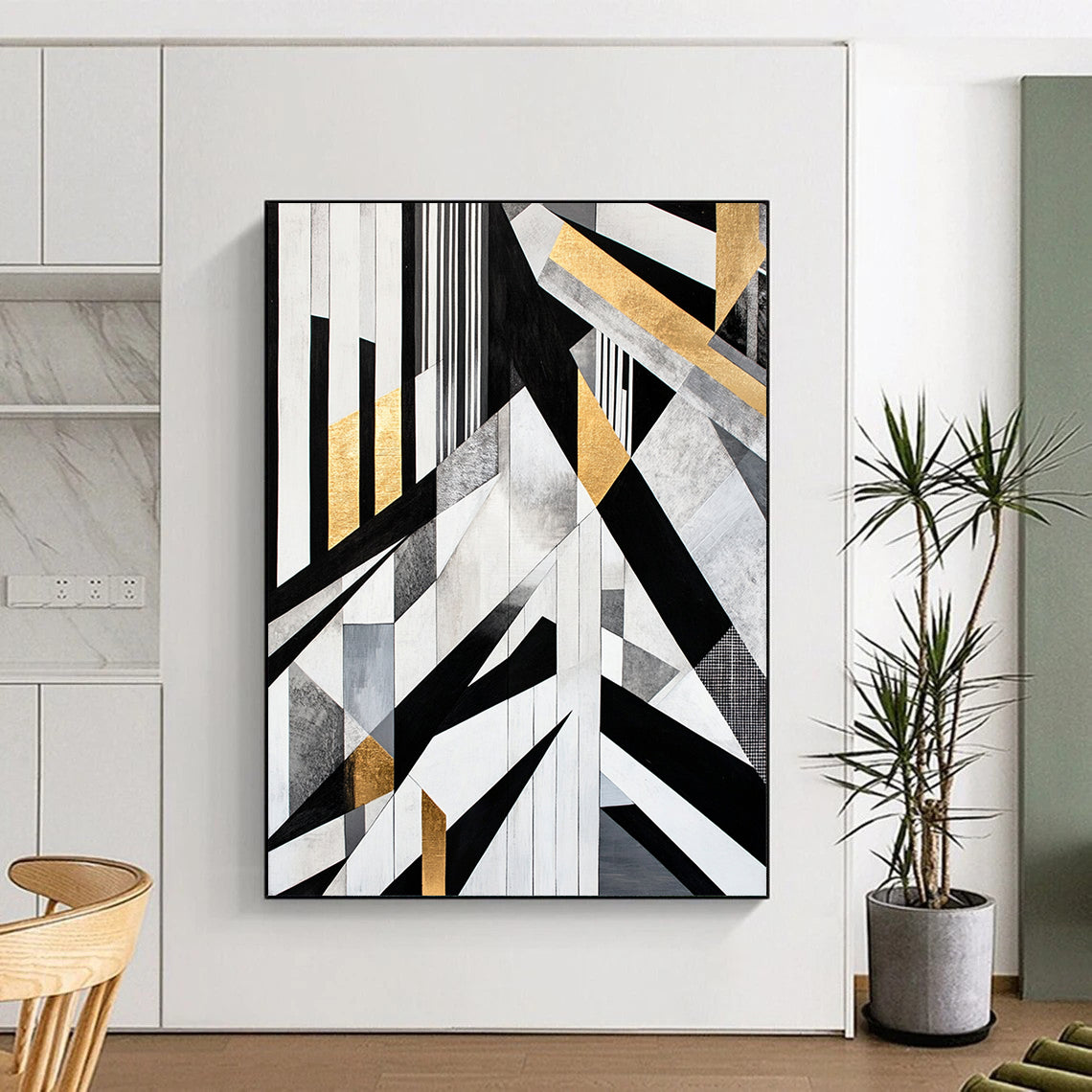 Black, White, Gray, Gold, Geometric Collage "Gilded Geometry Mosaic" Abstract Cubist - Inspired Painting On Canvas HB111