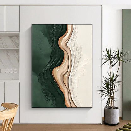 Contemporary hand-painted abstract artwork featuring dark green and beige shapes on white background with gold accents and minimalistic brushstroke design. DLZ0838