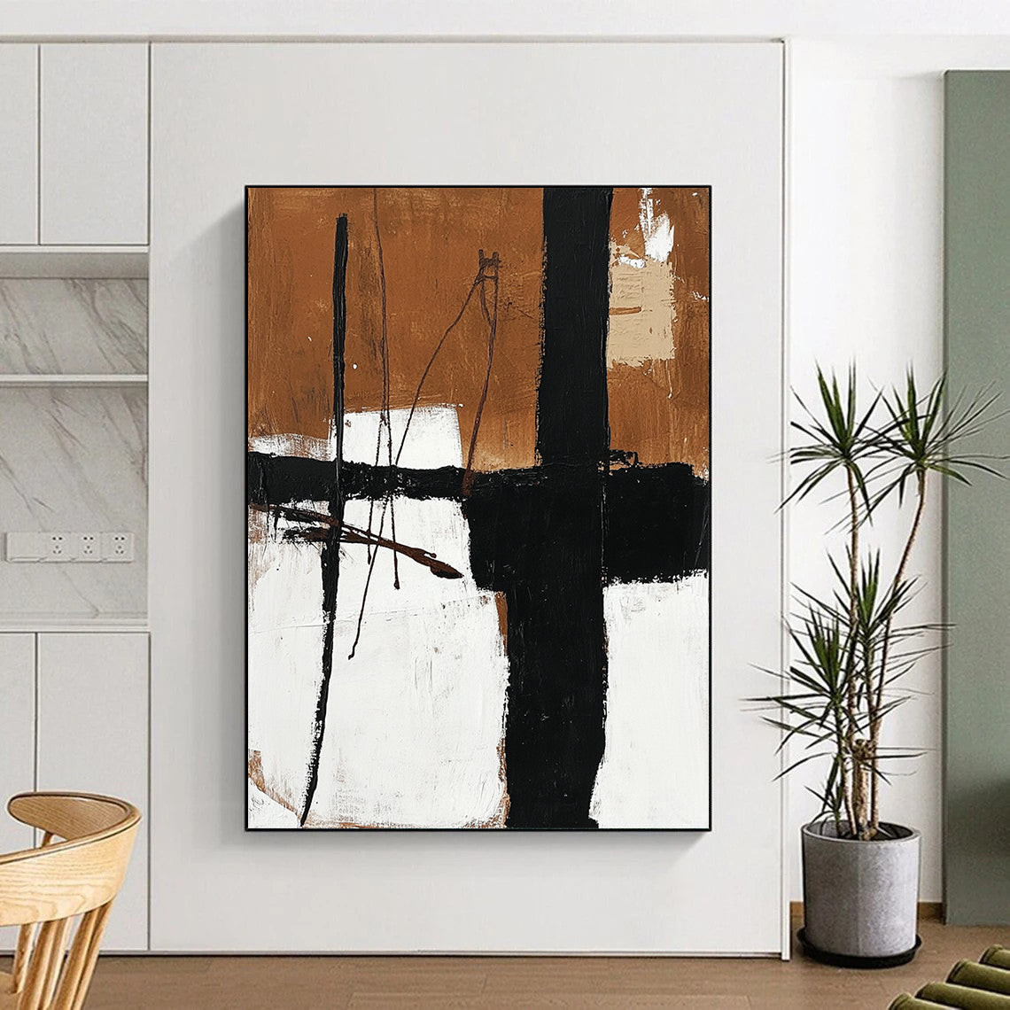 Contemporary abstract oil painting featuring black and white elements with brown lines on a neutral background showcasing earthy tones and minimalistic design. DLZ0311