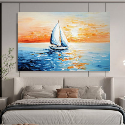 “Single Sailboat at Sunset” - Oranges, Reds, Blues, Solitary Sailboat on the Sea - Impasto Oil Painting HB1737