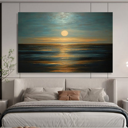“Moonlit Ocean Calm” - Cool Blues, Silvery Whites, Warm Golds, Ocean at Night - Impasto Oil Painting HB1755