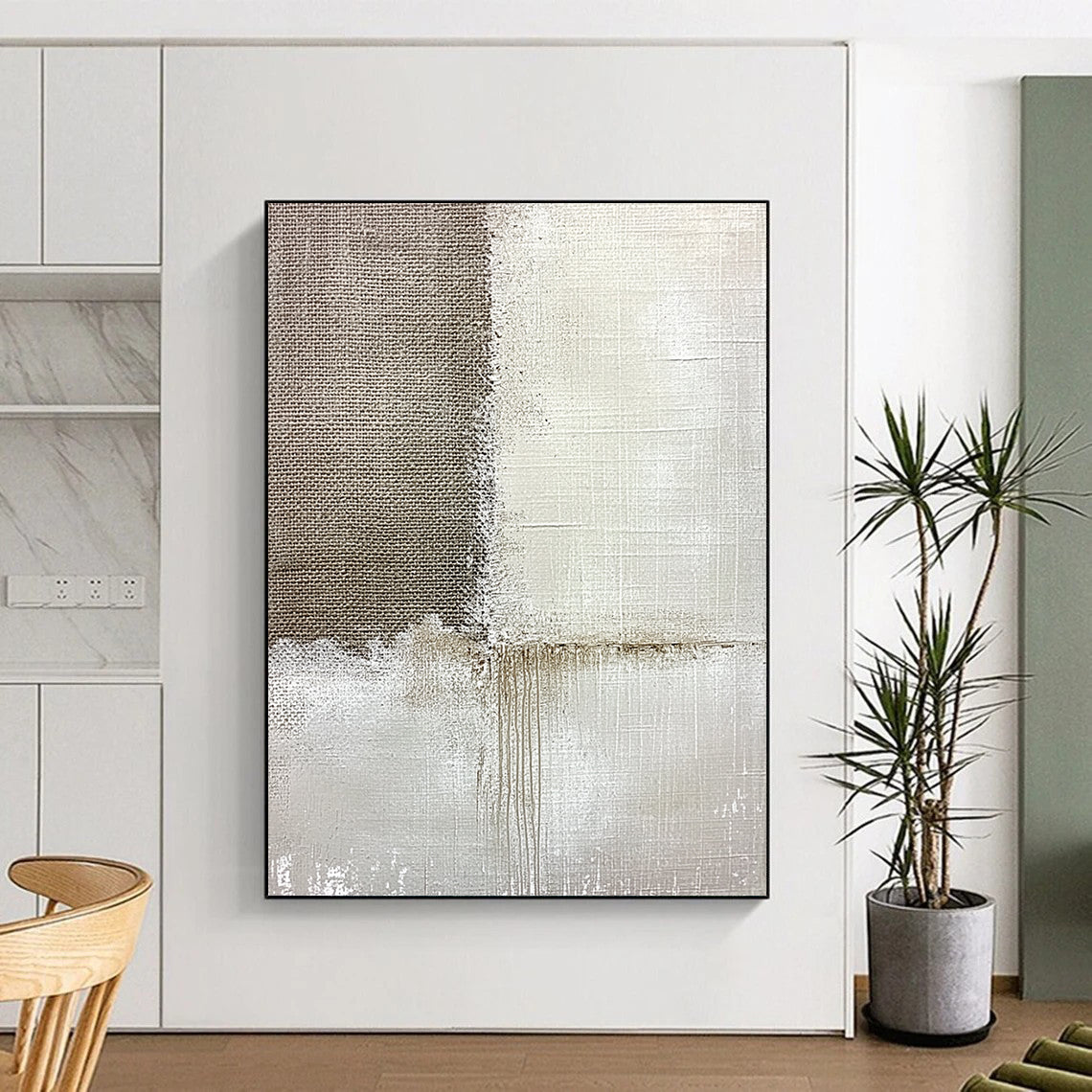 Contemporary hand-painted abstract artwork featuring textured linen and subtle paint streaks set against a soft grayish-white background for added depth. DLZ1171
